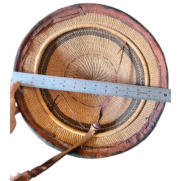 West African Tuareg Fulani Hat Tribal Handmade Leather & Grass Fiber Chin Strap - Picture 8 of 11